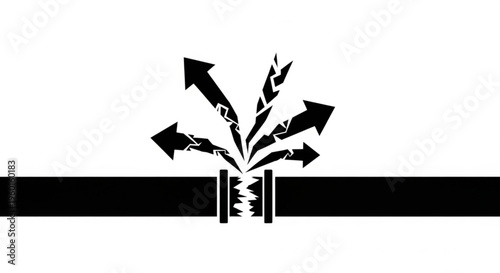 Vector graphic depicting a broken pipeline with arrows bursting outwards, symbolizing a leak, rupture, or system failure, representing environmental damage, resource loss, or industrial accidents.