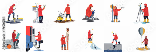 Set of illustrations depicting meteorologists and environmental scientists conducting field research and weather monitoring wearing red waterproof gear.