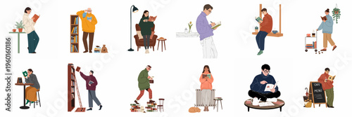 Diverse Set of Flat Illustrations Featuring People Reading, Writing, and Enjoying Books in Cozy Settings like Homes, Cafes, and Libraries.