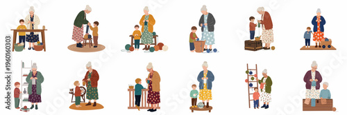 Set of flat vector illustrations depicting a grandmother teaching her grandson how to knit with colorful yarn and wool balls.
