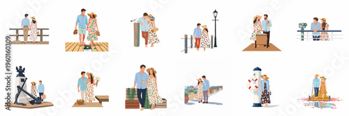 Collection of flat vector illustrations depicting a romantic couple enjoying various activities during a seaside summer vacation