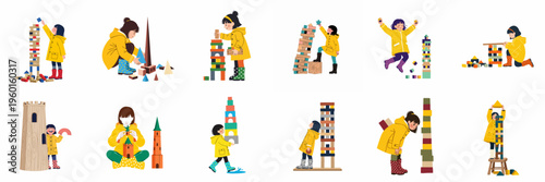 Set of illustrations depicting young girls in yellow raincoats playing with colorful building blocks and creating diverse structures and tall towers.