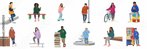 Diverse group of Gen Z teenagers wearing hoodies and using smartphones in various urban scenes, flat vector illustration isolated on white.