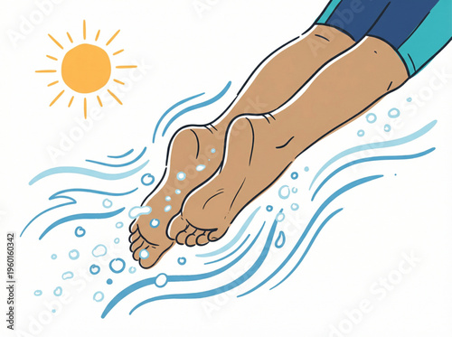 Swimmer's feet dipping into the water in bright sunlight, illustration