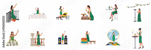 Flat illustration set of an elegant woman in a green cocktail dress celebrating at various party scenes, from formal dinners to outdoor events.
