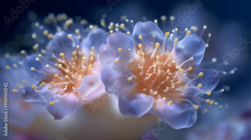 Underwater macro view of brain coral polyps extending tentacles to release reproductive cells in synchronized mass spawning creating milky cloud effect, perfect for marine biology textbook illustrat
