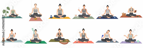 Collection of twelve illustrations featuring a woman practicing mindfulness, meditation, and yoga with various wellness props on colorful mats.