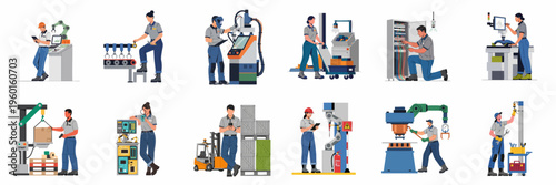 Obraz na płótnie Collection of diverse industrial workers operating modern machinery, managing logistics, and performing technical maintenance in a factory setting illustrated in flat vector style