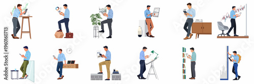Flat vector illustration set of a businessman using a digital tablet for stock market trading, financial analysis, and remote work in various office environments.