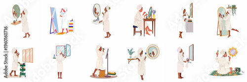 Set of illustrations depicting women in bathrobes performing daily skincare routines, applying facial serums and oils in front of various mirrors.
