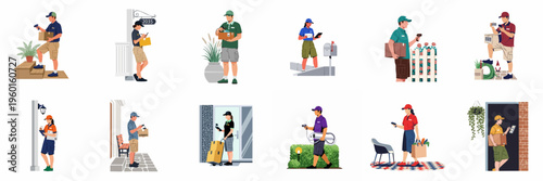 Collection of diverse delivery couriers in various uniforms delivering packages, letters, and groceries to residential locations, in a flat vector illustration style.