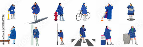 Set of Fashion Illustrations Featuring Women in Stylish Blue Coats and Silver Boots in Various Urban Scenarios on White Background