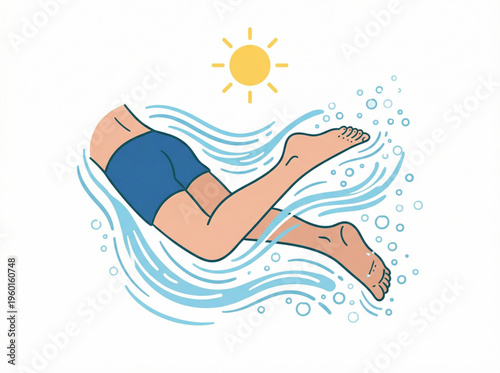 Swimmer's feet dipping into the water in bright sunlight, illustration