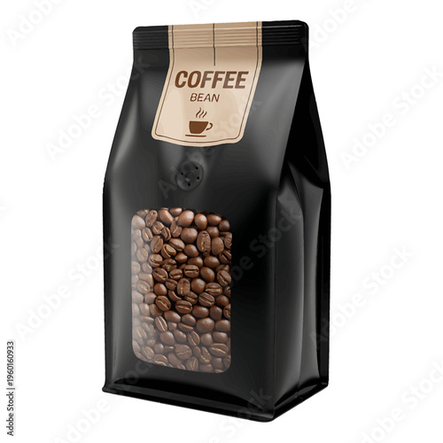 Black bag of coffee beans with transparent window and label