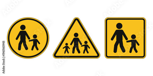 Yellow road signs with black silhouettes of adults and children walking together