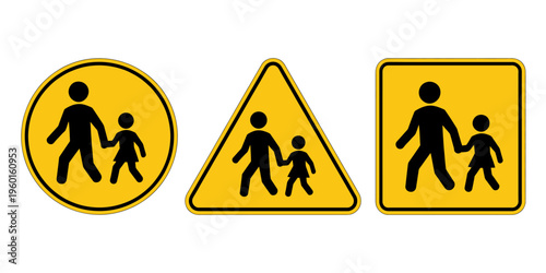 Yellow pedestrian crossing signs with child and adult silhouettes  road safety symbols