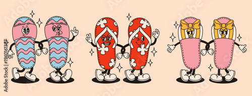 Groovy mascot characters summer sandals.