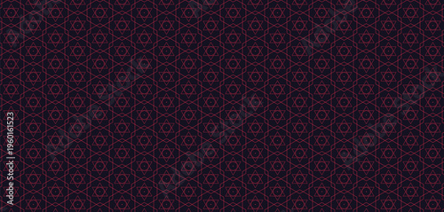 Modern seamless geometric pattern featuring intricate pink hexagram stars and interlocking hexagons on a dark purple background, abstract design.