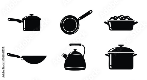 Vector illustration of set of kitchenware icons, pots and pans