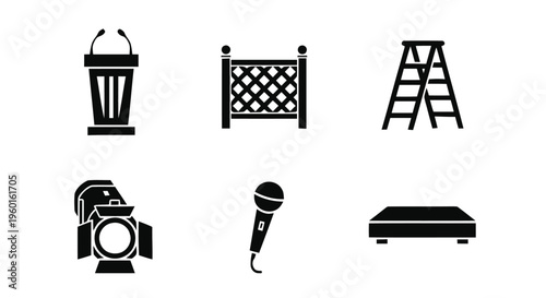 Vector illustration of set of stage equipment icons including podium, fence, ladder, spotlight, microphone and platform