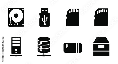 Vector illustration of set of data storage and computer hardware icons