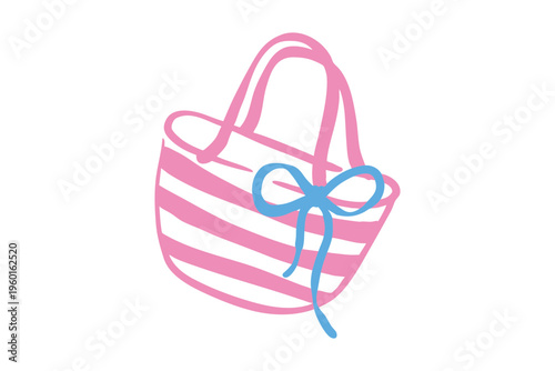Cute pink striped beach bag with a blue bow illustration