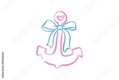 Cute hand drawn anchor with a bow and a heart, vector illustration