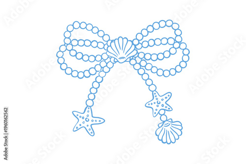 Hand drawn blue line art of a bow made of pearls with a seashell center and starfish charms