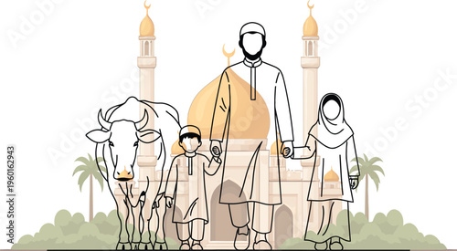 Islamic family, traditional clothing, mosque background, vector illustration, cultural scene