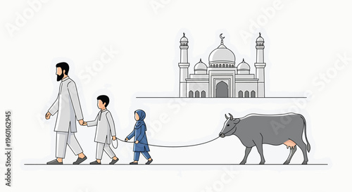 Traditional Indian family walking with ox, rural scene, cultural illustration, vector graphics
