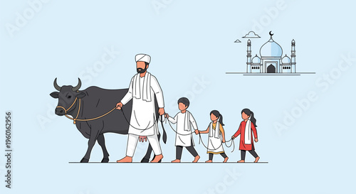 Indian family walking with cow, traditional clothing, rural scene, cultural illustration