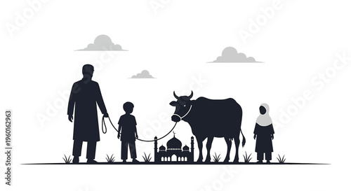 Family, cow, rural scene, silhouette vector, farm illustration, black and white