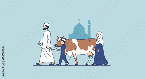 Traditional Middle Eastern family walking cow, mosque background, Islamic culture vector illustration