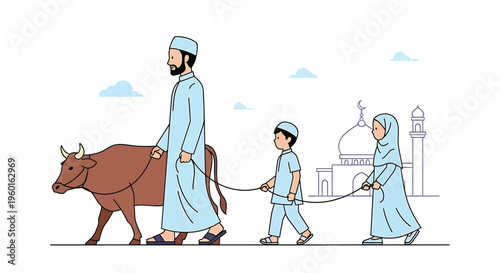 Traditional family walking with ox, Islamic culture, rural scene, vector illustration