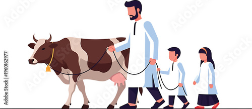Vector illustration of people walking cow, rural scene, farm animals, pastoral lifestyle