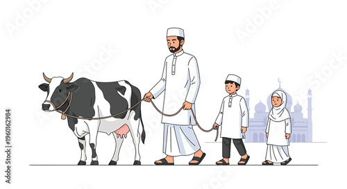 Traditional Middle Eastern family walking cow, Islamic culture vector illustration, desert landscape background, white and black cow