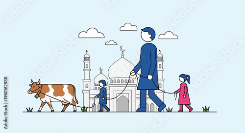 Family walking, cow, Taj Mahal, vector illustration, Indian culture, family scene