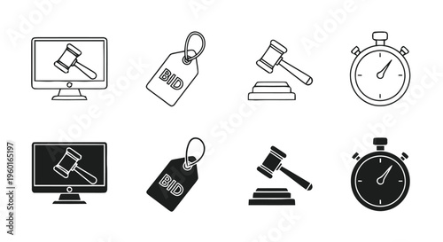 Vector illustration of auction and bidding icons set, online auction concept