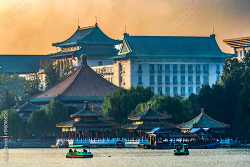 Evening Tourist Boats Library Temple Beihai Lake Beijing China