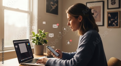 A woman sits at a desk with a laptop and phone, surrounded by icons representing digital communication and social media.
