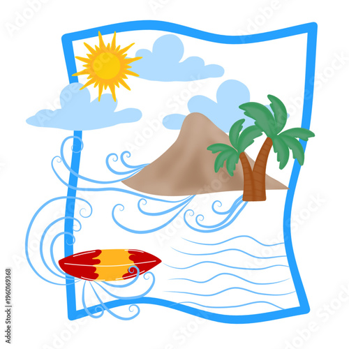Vector illustration of tropical beach scene with mountains, clouds, sun, coconut trees, waves, and surfboard in frame.  Bright, summery, beach-themed logo design.