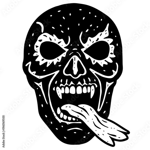 Skull with open mouth and tongue out, designed in black and white style, showing details of teeth and eyes
