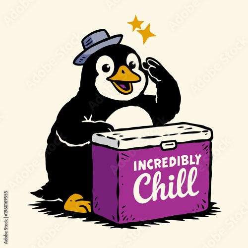Penguin wearing a hat waves beside a purple cooler with the words incredibly chill