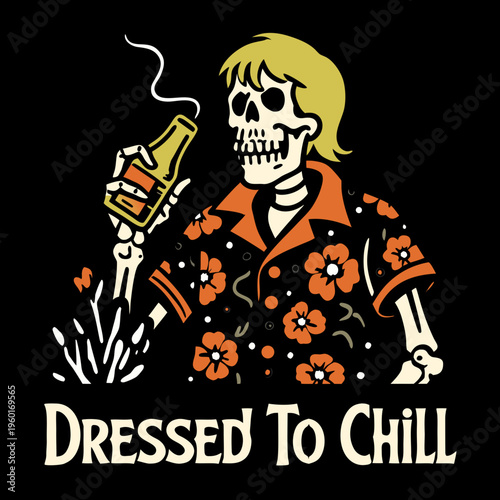 Skeleton holding a drink and wearing a floral shirt in a fun design for summer parties and gatherings