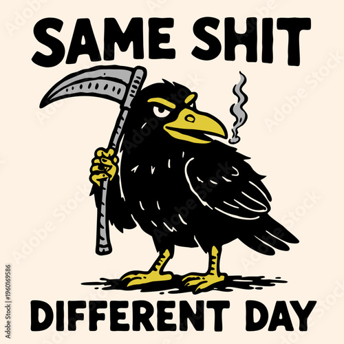 Cartoon crow holding a scythe with text about daily routine placed on a beige background