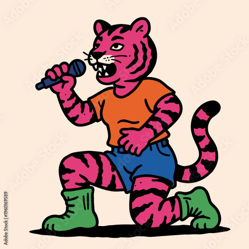 Cartoon tiger character sings into microphone during musical performance on plain background