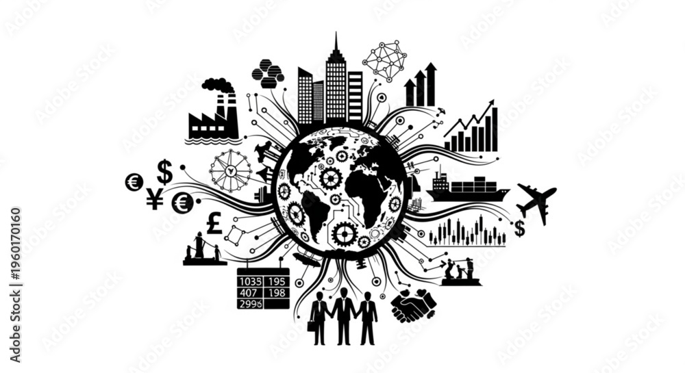 Obraz premium Global business and industry concept with interconnected icons of finance, transport, and technology surrounding the Earth.