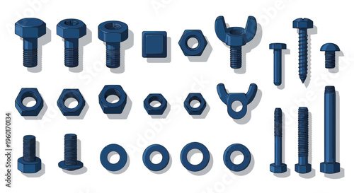 Collection of Blue Bolts, Nuts, and Washers, Isolated on White Background