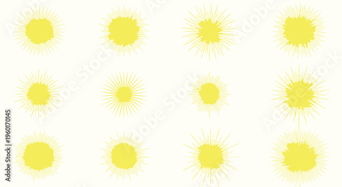 Collection of Abstract Yellow Sunbursts, Radiant Rays, Bright Light Effects