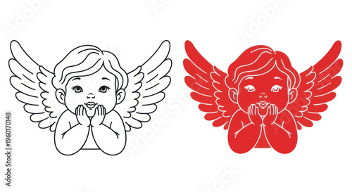 Cute Cherub Angel Duo: Line Art and Red Silhouette for Valentine's Day